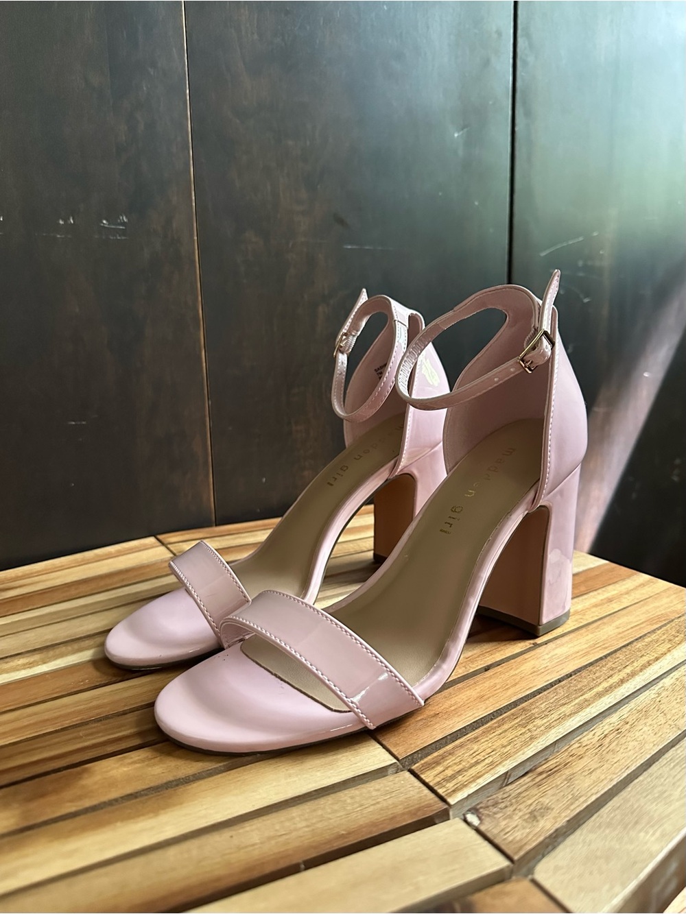 Madden Girl Light Pink Patent Block Heel Ankle Strap Sandals - Picture 2 of 5